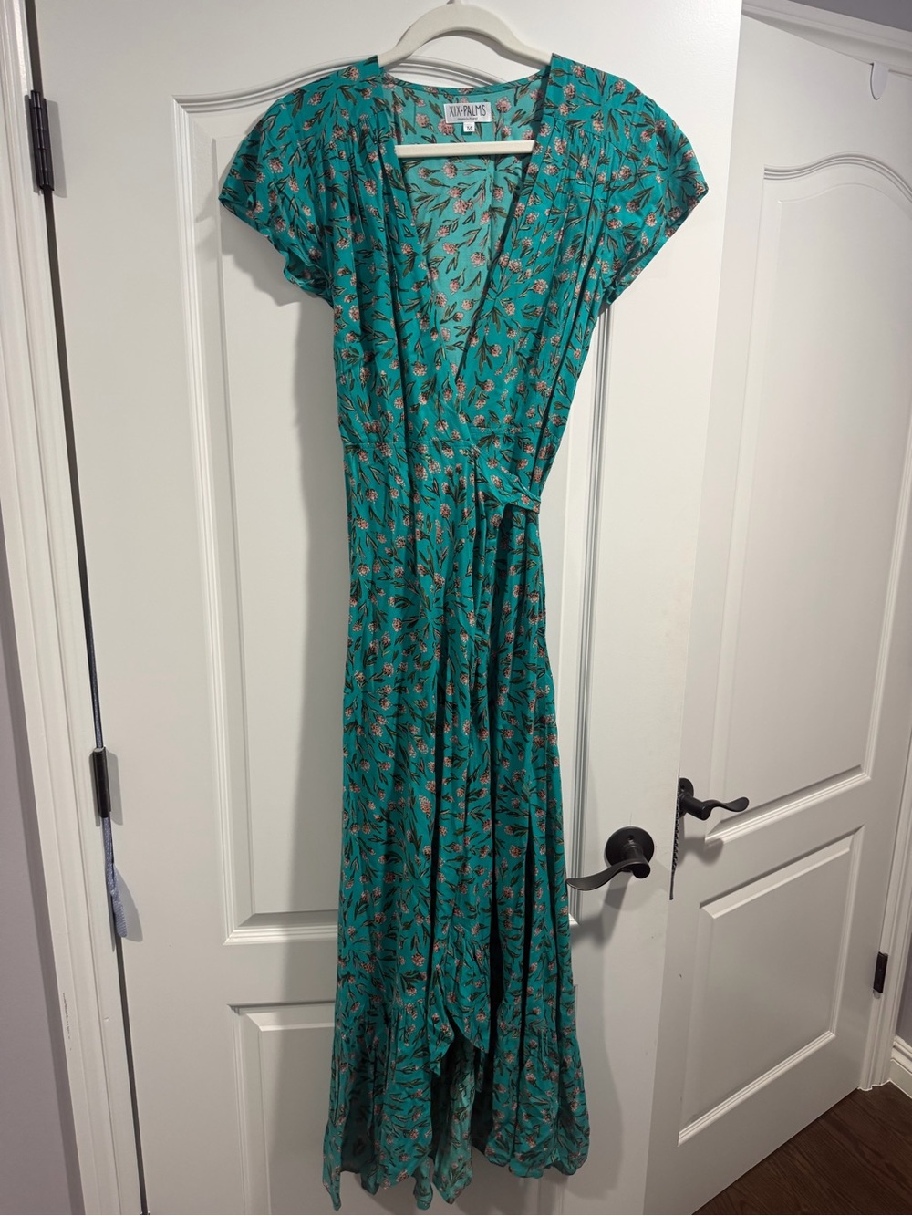 XIX Palms Teal Floral Maxi Dress with Short Sleeves High-Low Hemline